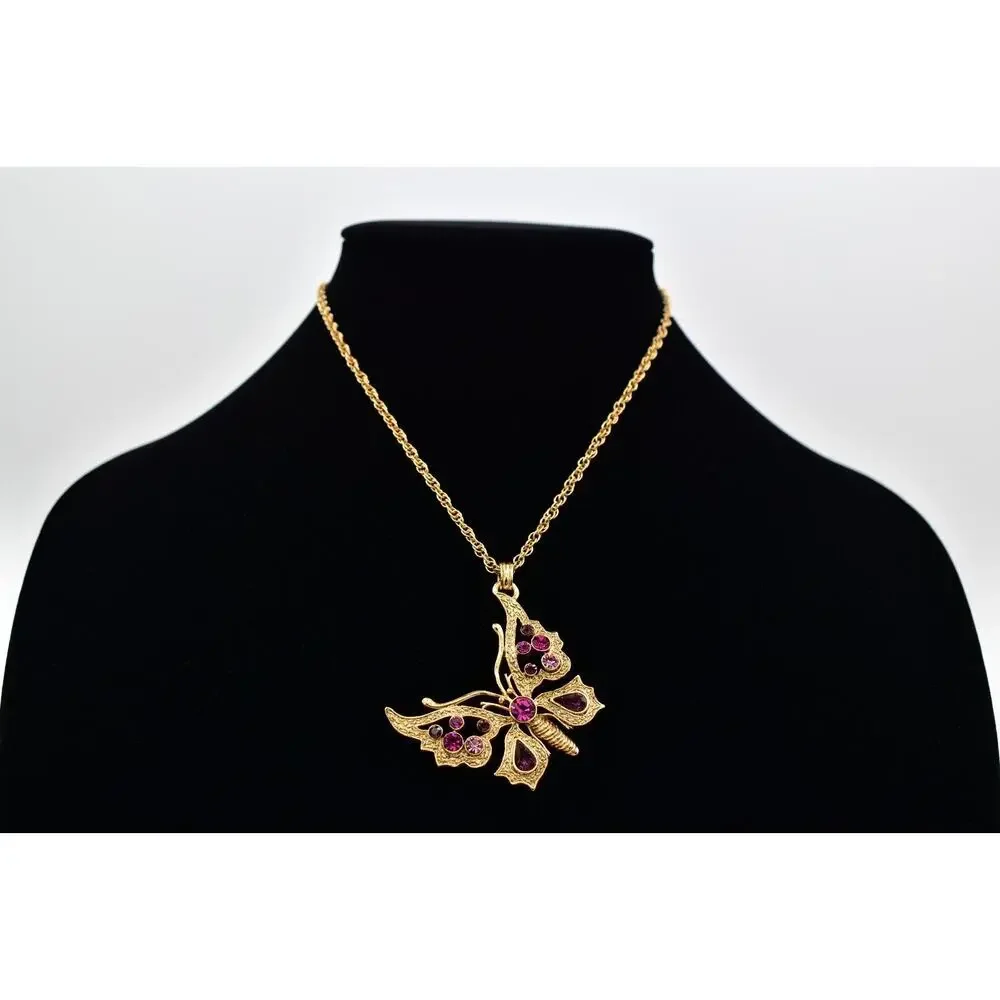 1928 Butterfly Pendant Necklace Purple Rhinestone Crystal Magenta Gold 90s BinBJ